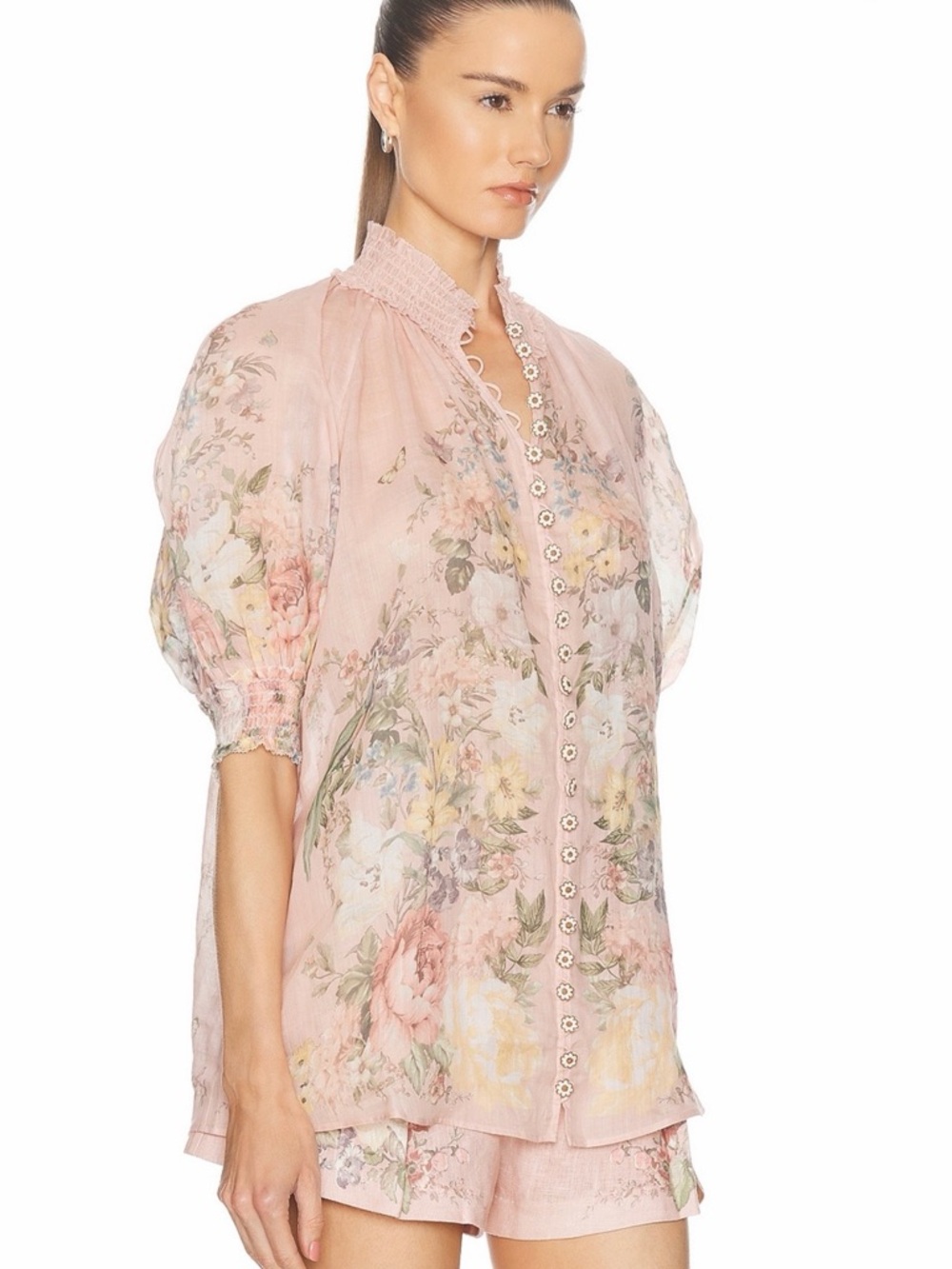 Zimmermann Dusty Pink Floral Smocked-Neck Blouse - Picture 5 of 8